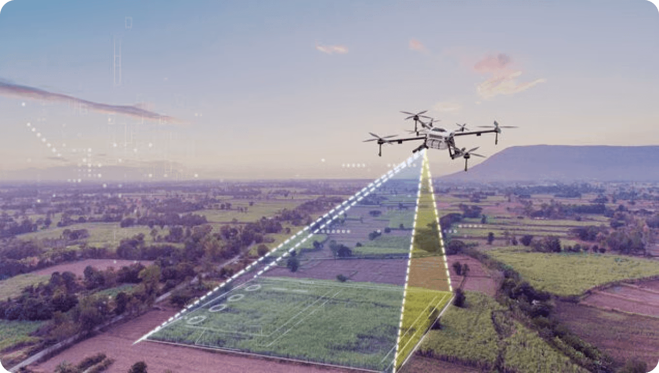 Eine Drohne, die Vision AI zur Analyse von Landflächen nutzt