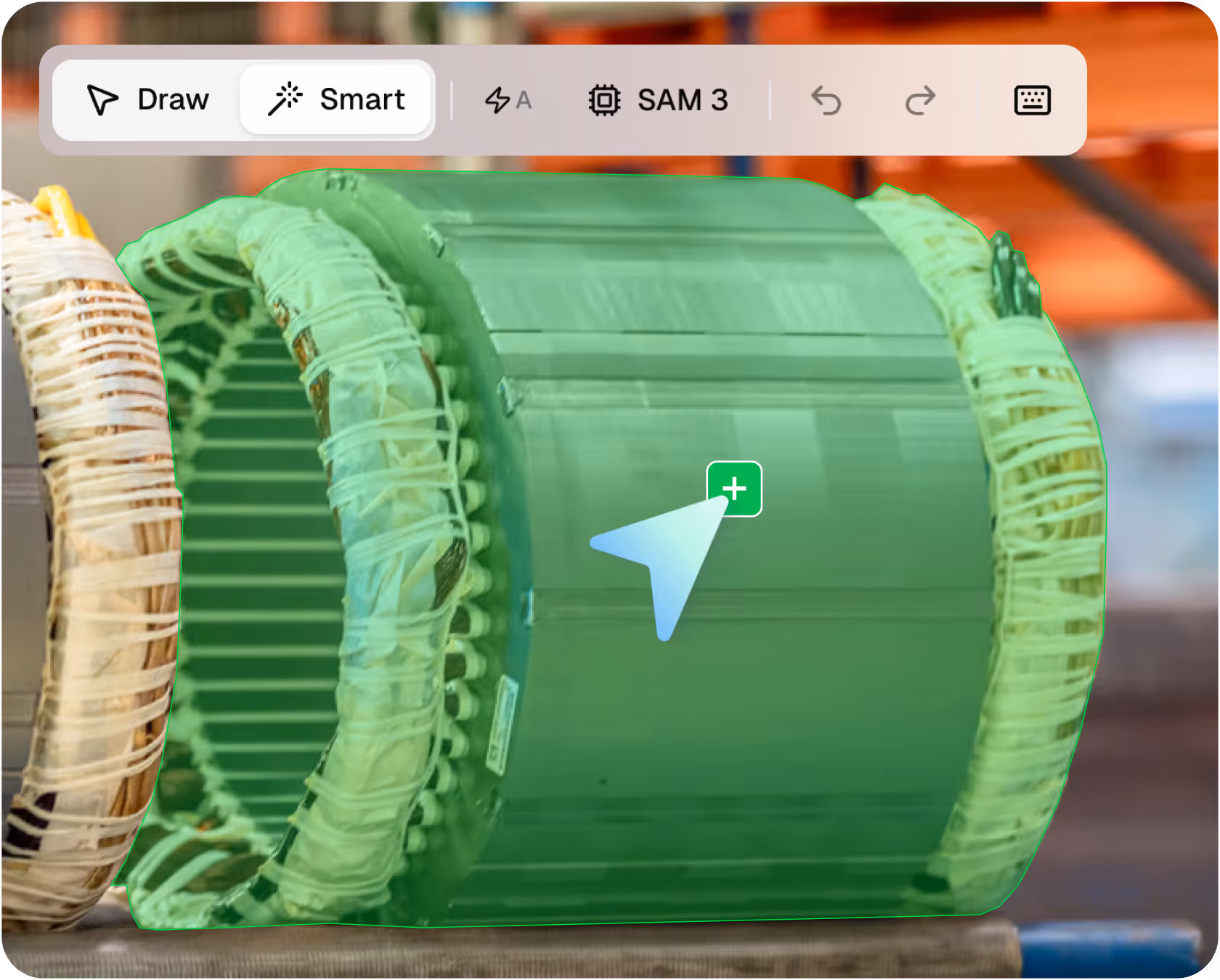 Industrial component highlighted with a segmentation mask, demonstrating object segmentation in a manufacturing context.