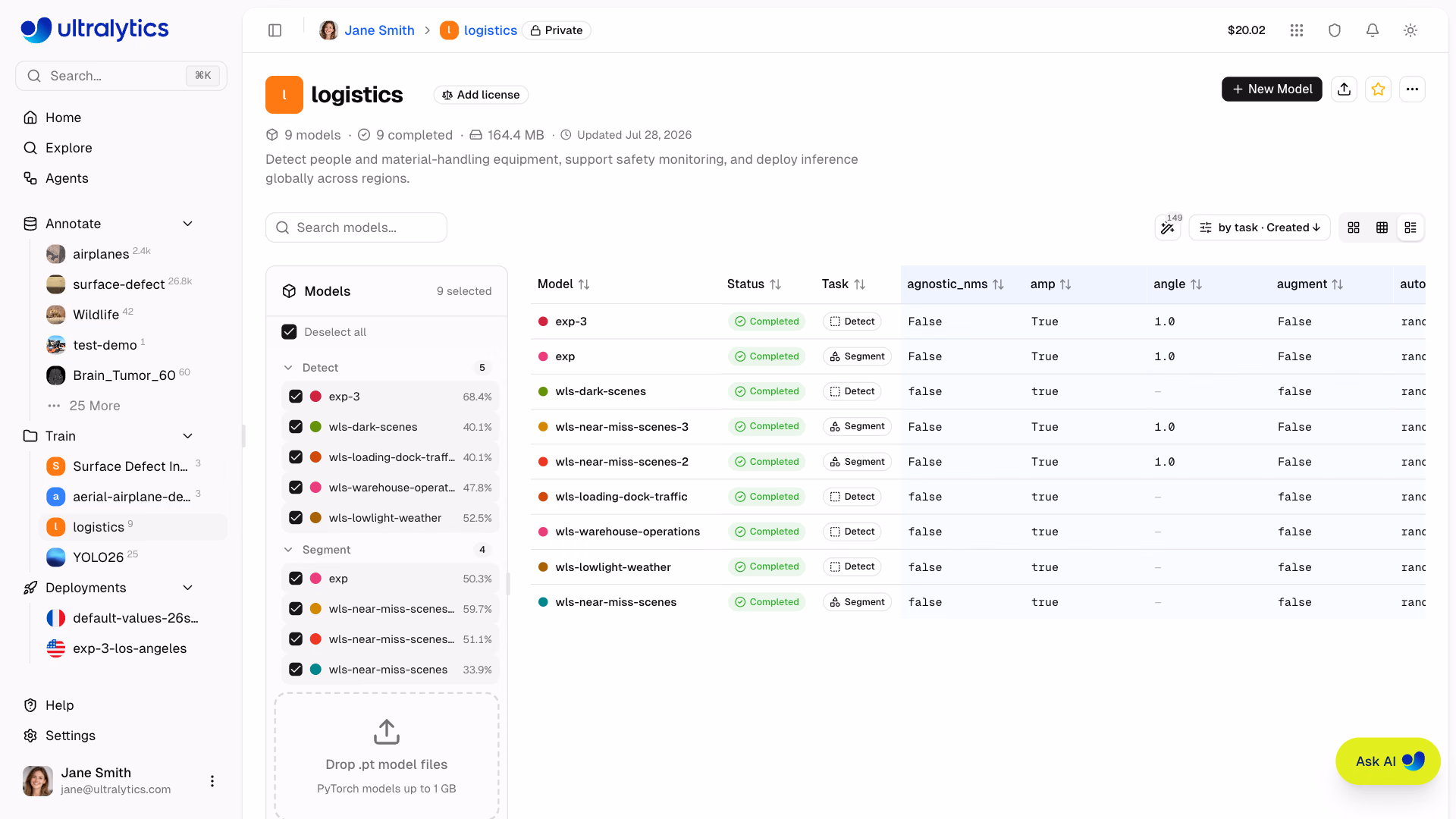 Ultralytics Platform Project Comparison Table View
