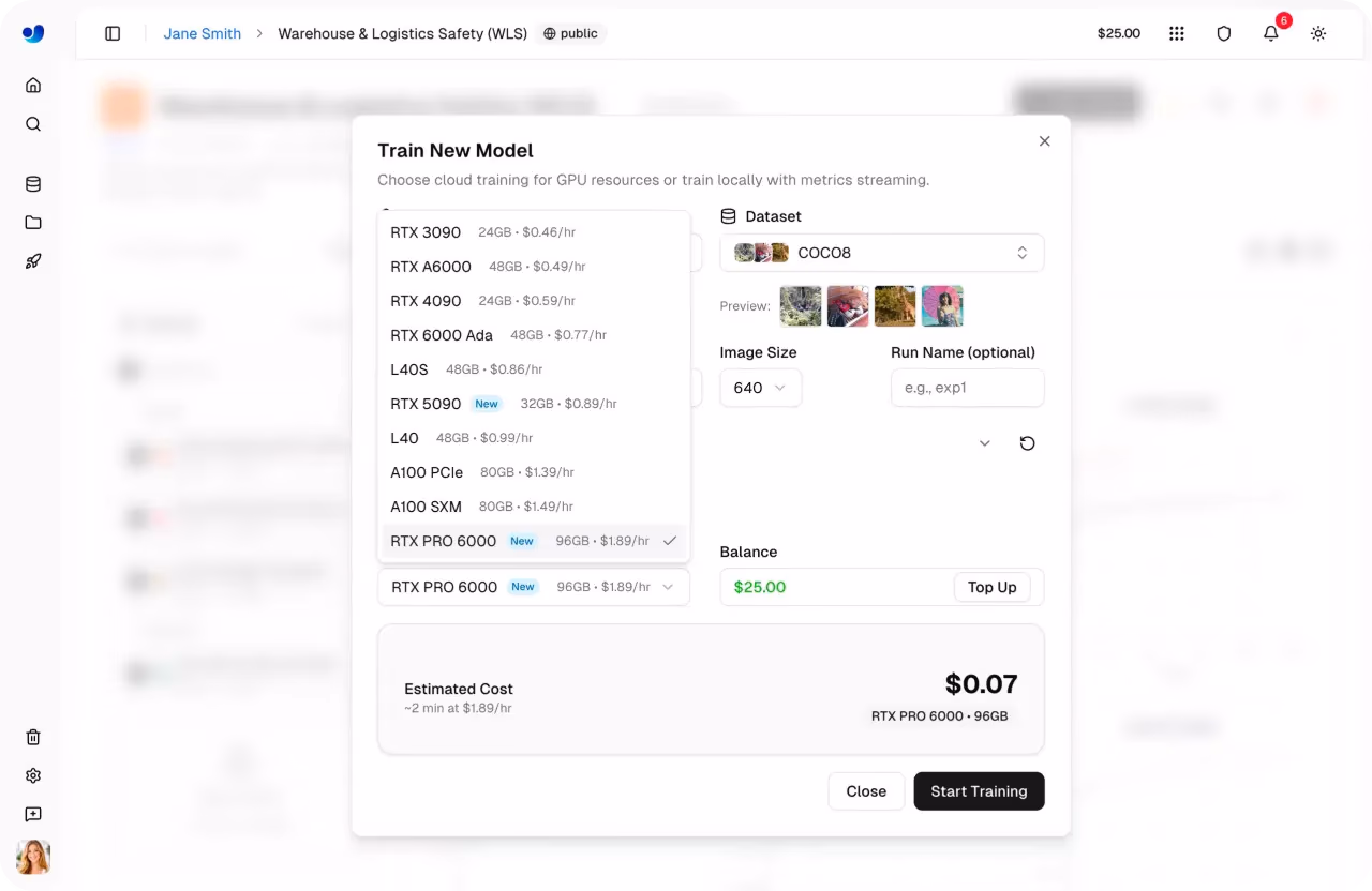 GPU options available through Ultralytics Platform