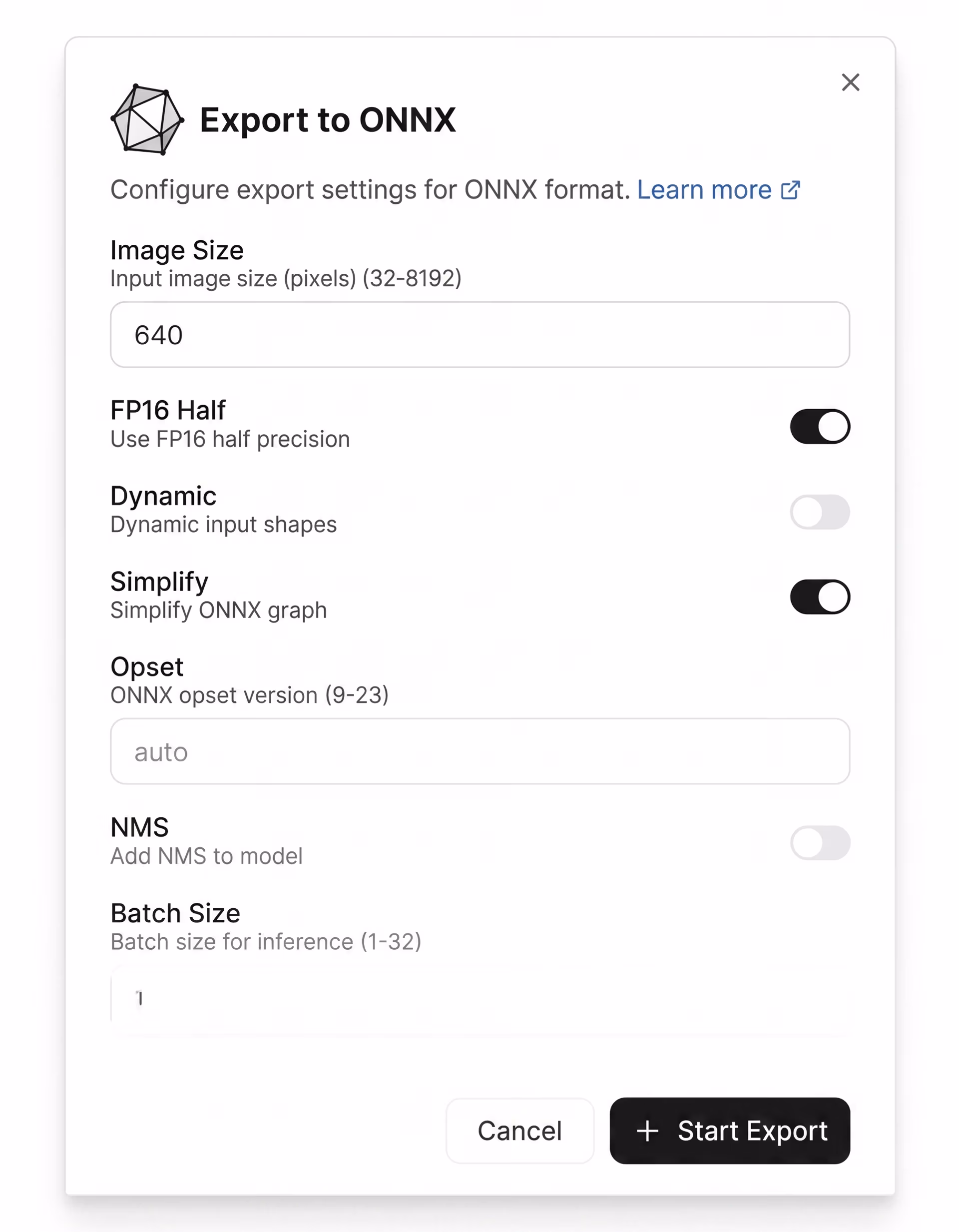 Ultralytics Platformでのエクスポート設定の構成画面