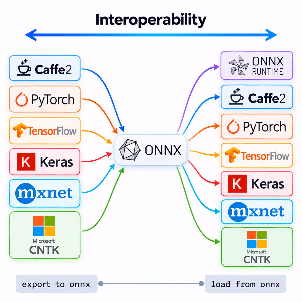 ONNX as an interchange format: models from PyTorch, TensorFlow, Keras, and other frameworks export to ONNX and load in ONNX Runtime or another framework