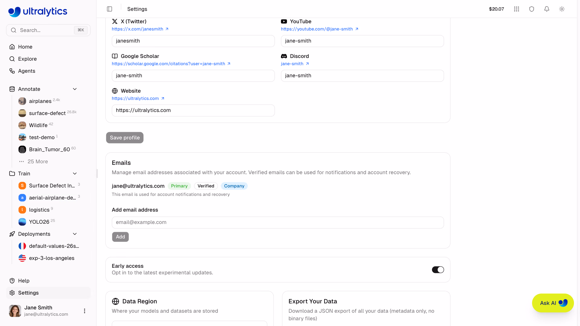 Ultralytics Platform Settings Profile Tab Emails Section