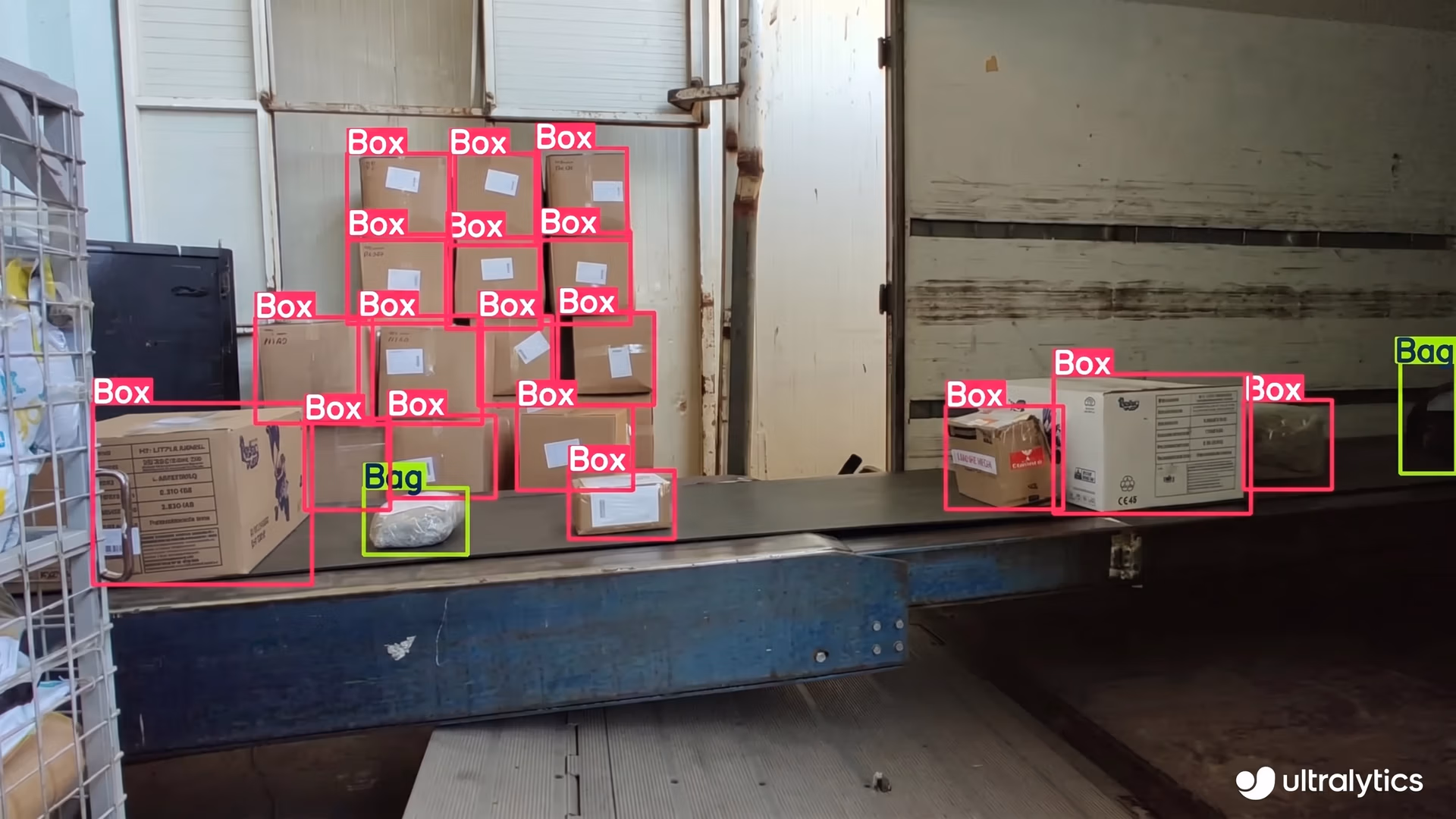 Ultralytics YOLO11 detecting boxes in a logistics setting