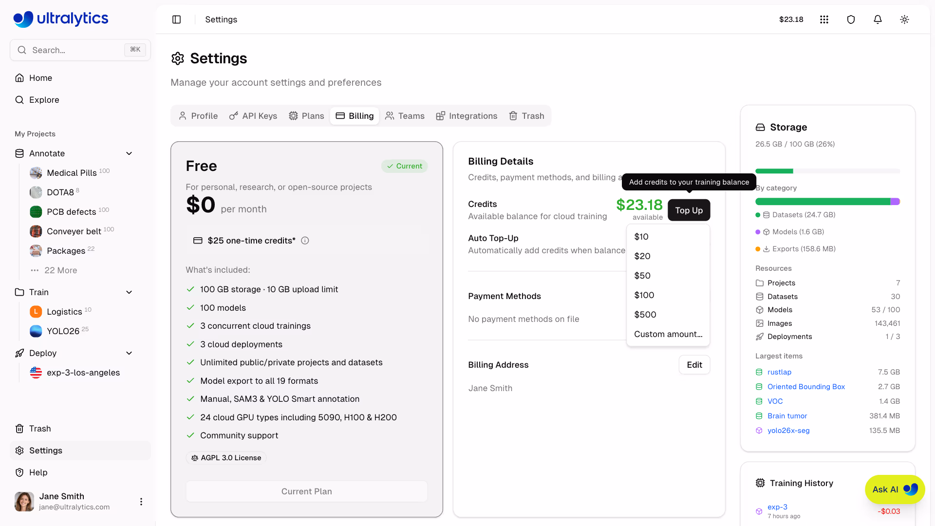 Ultralytics Platform Settings Billing Tab Topup Amount Selection Dialog