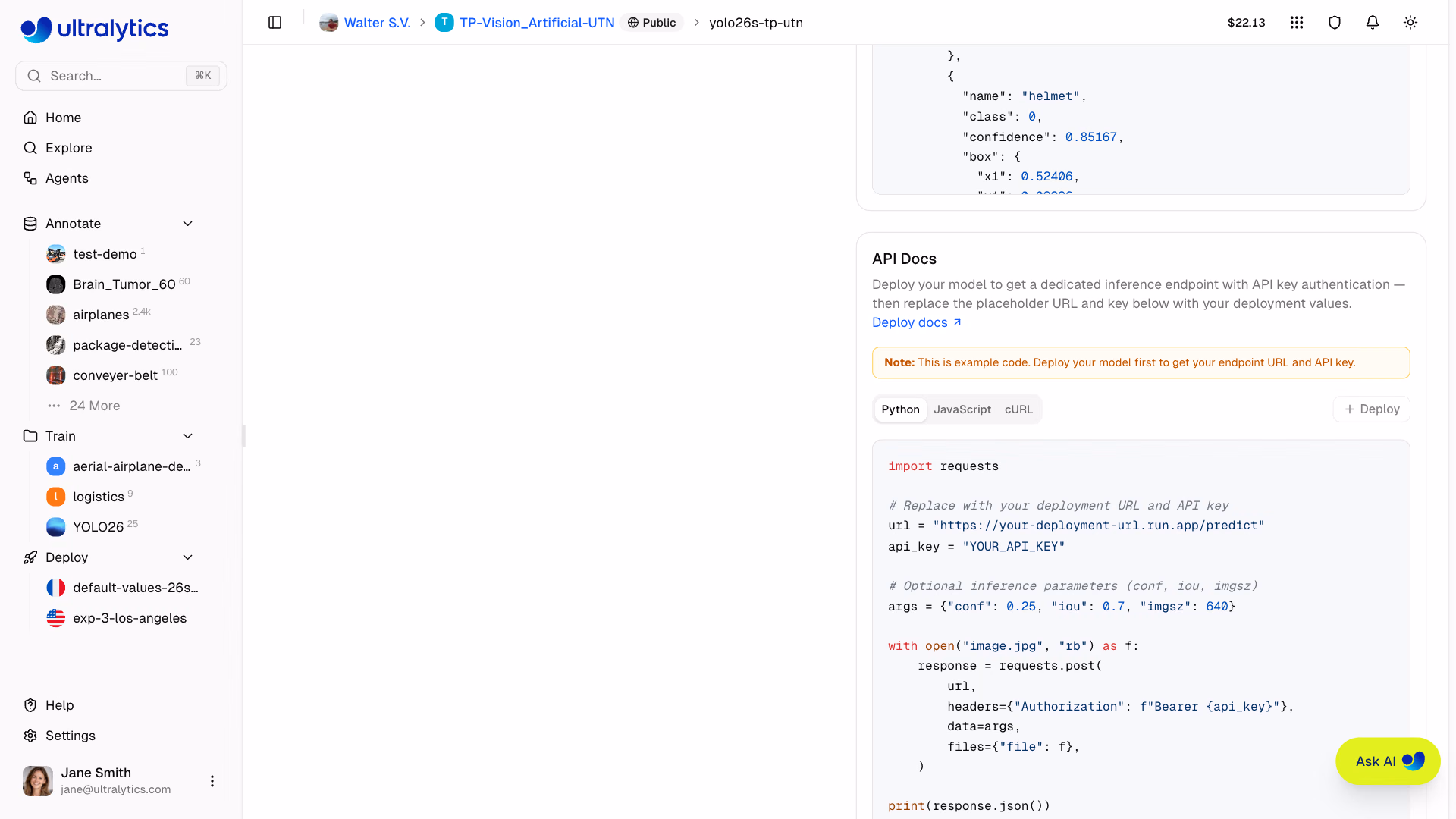 Ejemplos de código de la pestaña Predict de Ultralytics Platform, pestaña Python