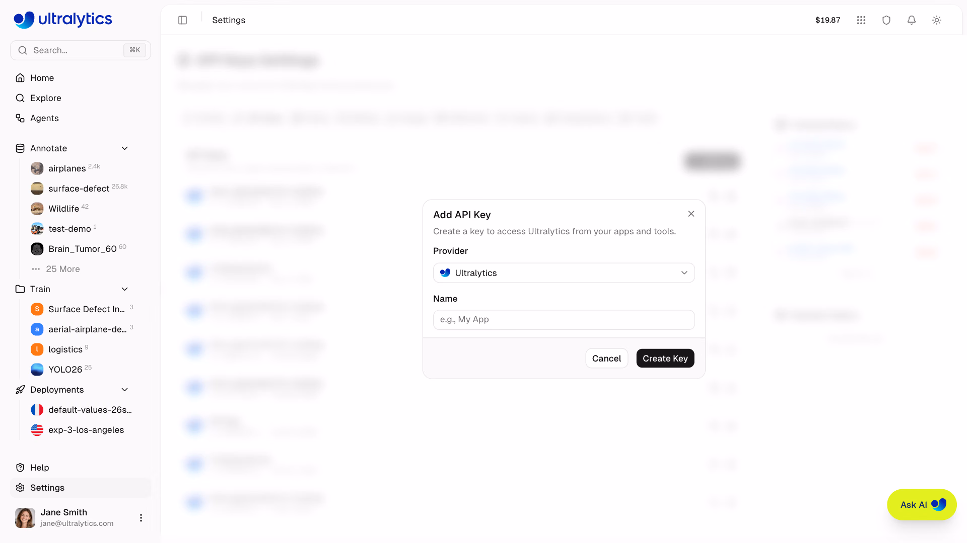 Ultralytics Platform Settings API Keys Tab Create API Key Dialog