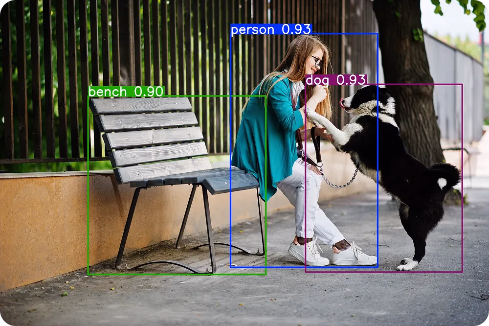 Detección de una persona, un perro y un banco en una ciudad usando YOLO26