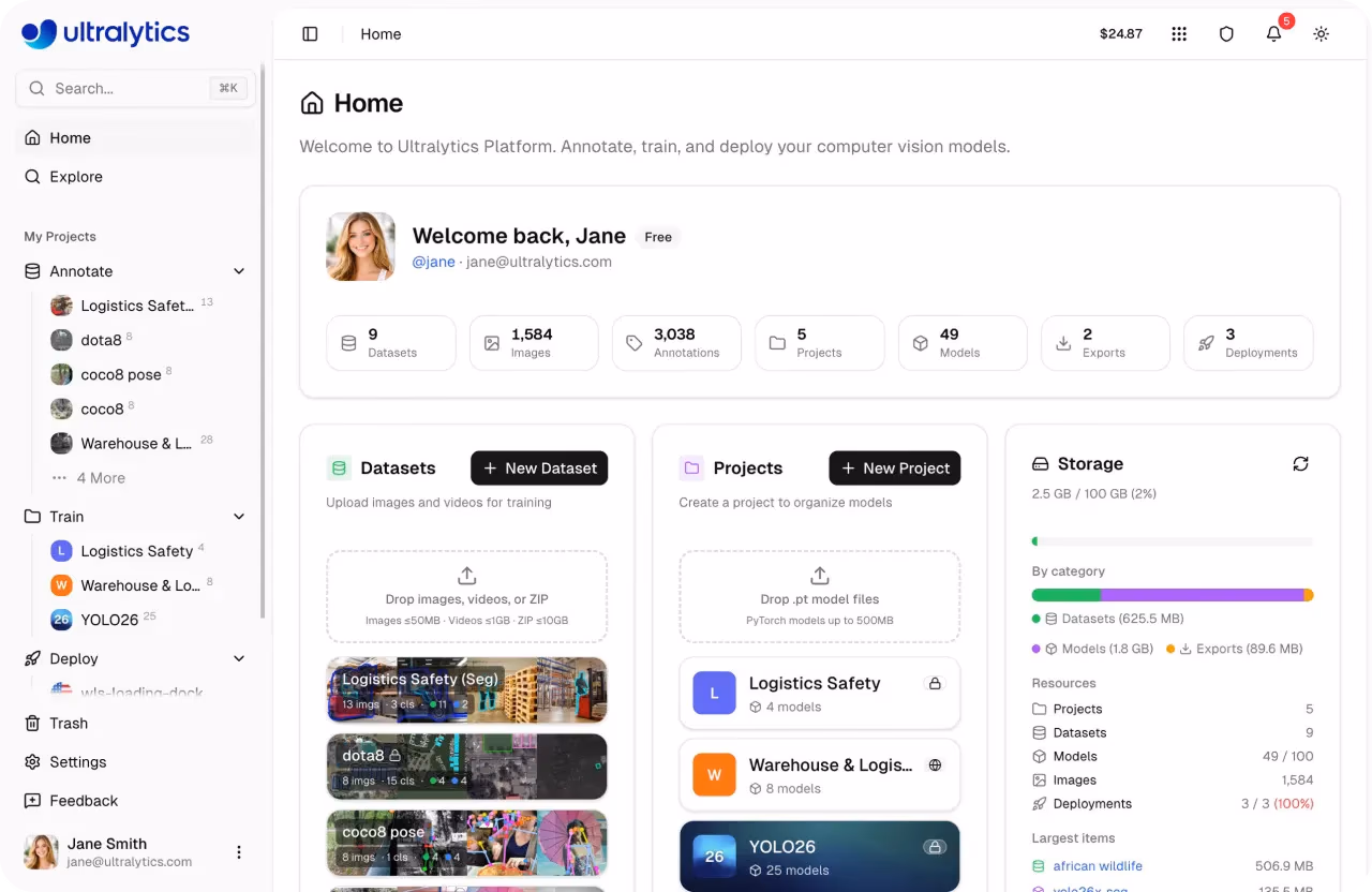 Interfaccia della dashboard principale di Ultralytics Platform
