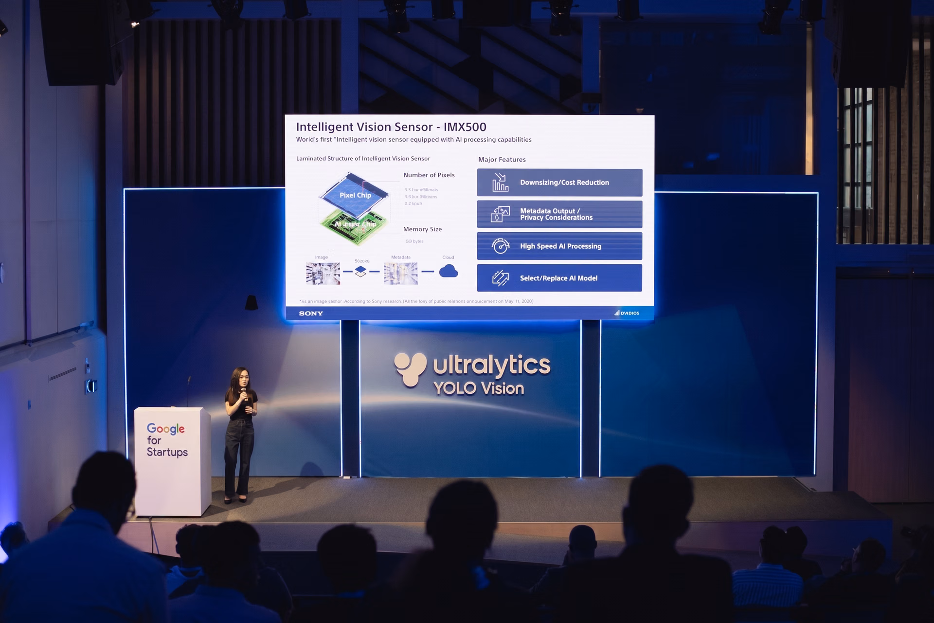 Wei Tang sur scène à YOLO Vision 2024 présentant le Sony IMX500