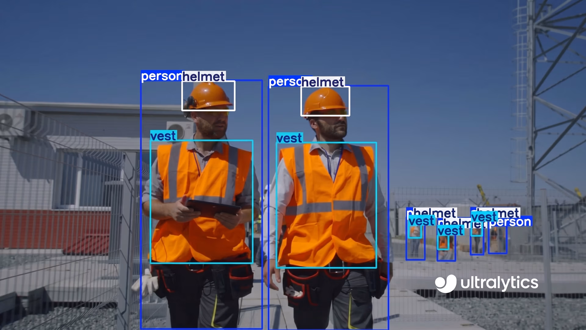 Ultralytics YOLO11 detecting worker PPE compliance on a construction site