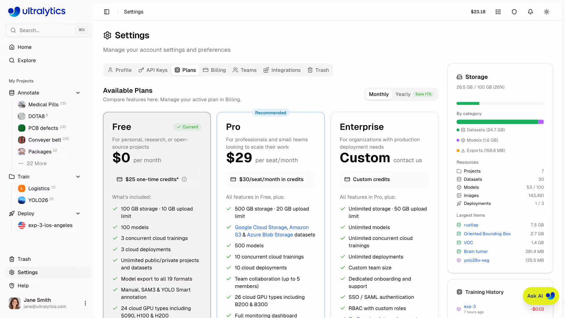 Ultralytics Platform Settings Plans Tab Free Pro Enterprise Comparison
