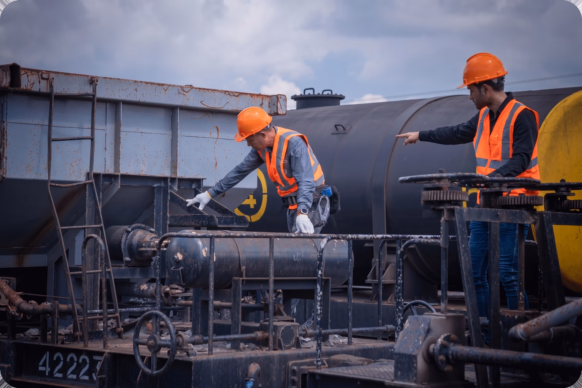 Workers inspecting gas tanks on a train