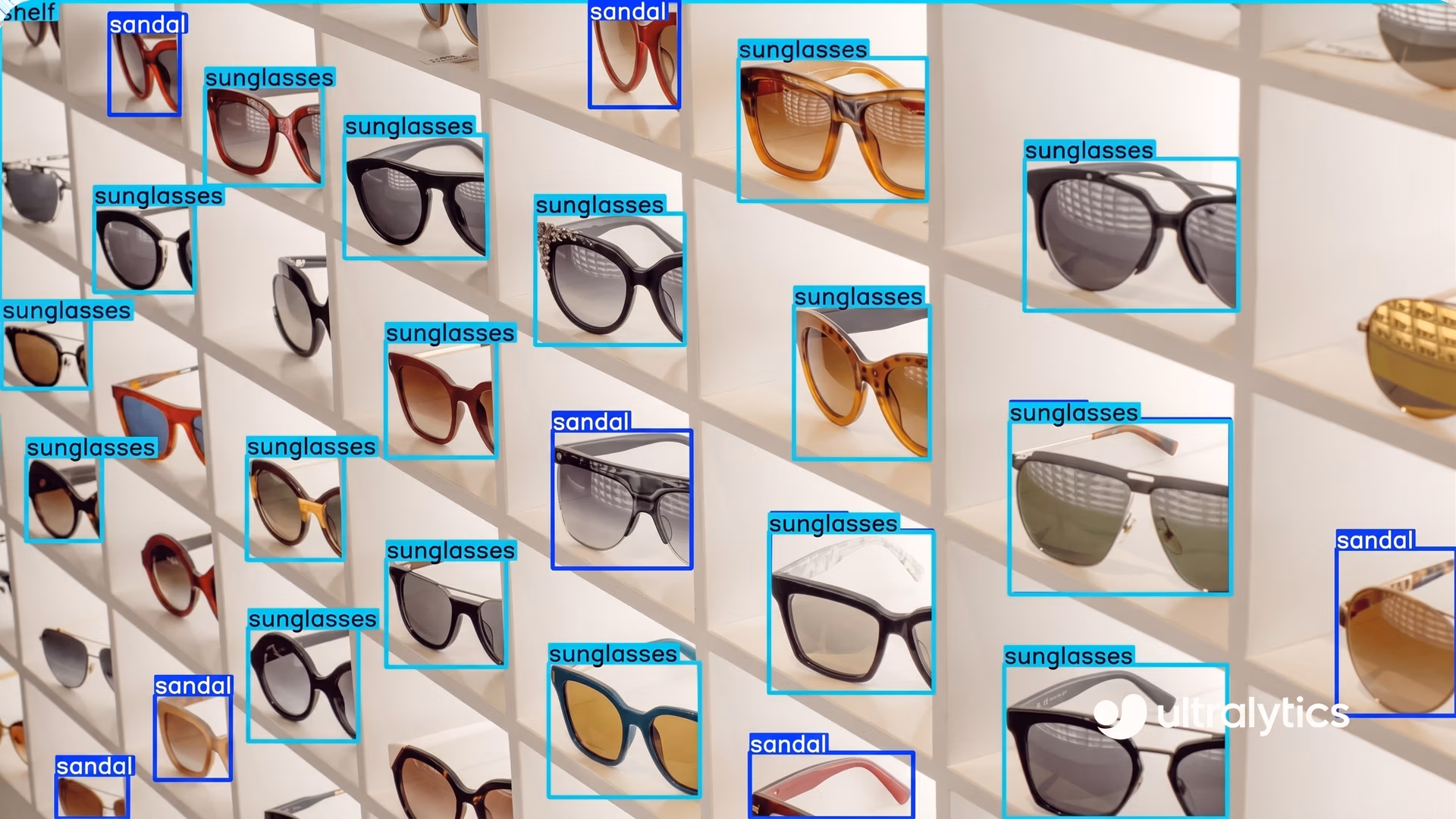 Ultralytics YOLO11 recognizing and classifying sunglasses on display shelves