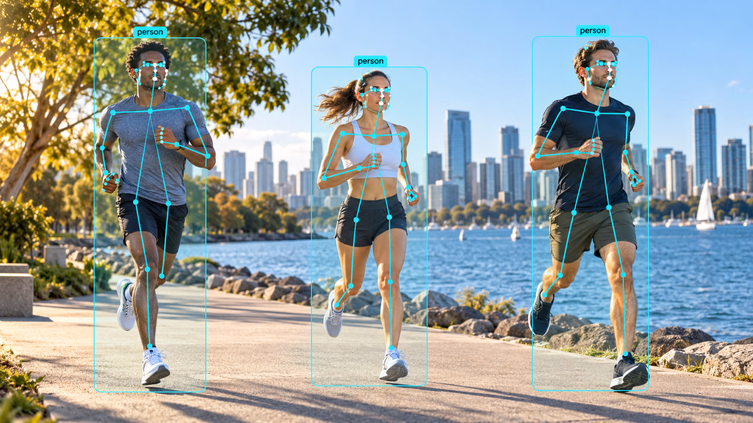Ultralytics YOLO pose estimation of three runners, each with a person box and a 17-keypoint body skeleton