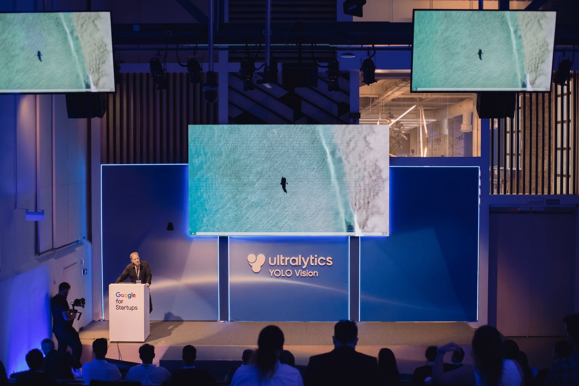 Jim Griffin sharing how Ultralytics YOLOv8 monitors shark movements using drones