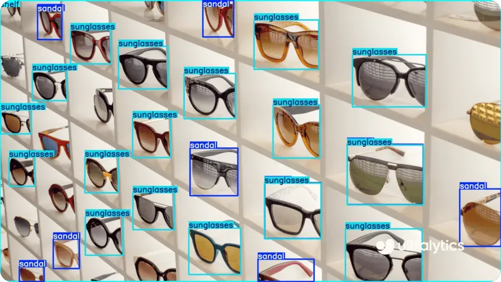 Ultralytics YOLO11 recognizing and classifying sunglasses on display shelves