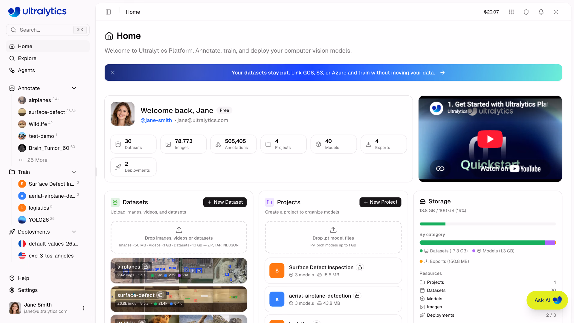 Ultralytics Platform Home Dashboard Welcome Card