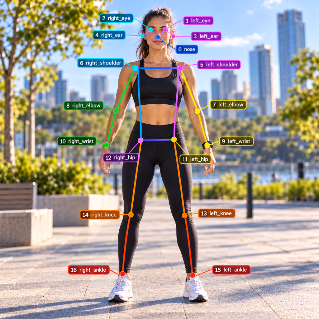 COCO 17-keypoint order on a standing person, numbered from 0 nose to 16 right ankle