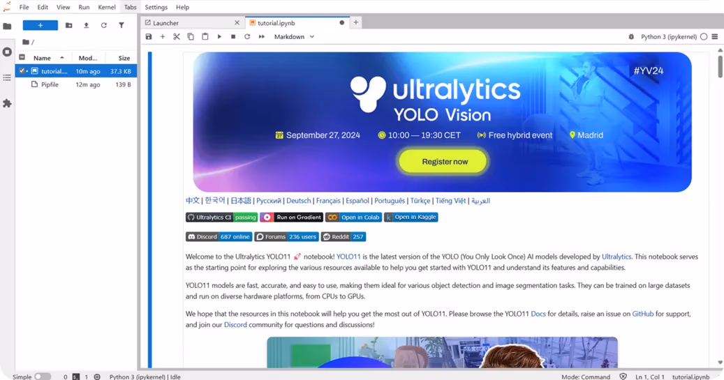 YOLO11 tutorial.ipynb not defterini JupyterLab arayüzünde açma