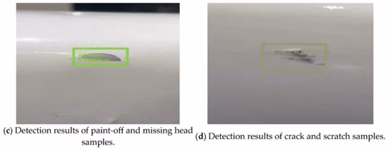 Computer vision che rileva danni alla vernice e crepe sulla fusoliera di un aereo