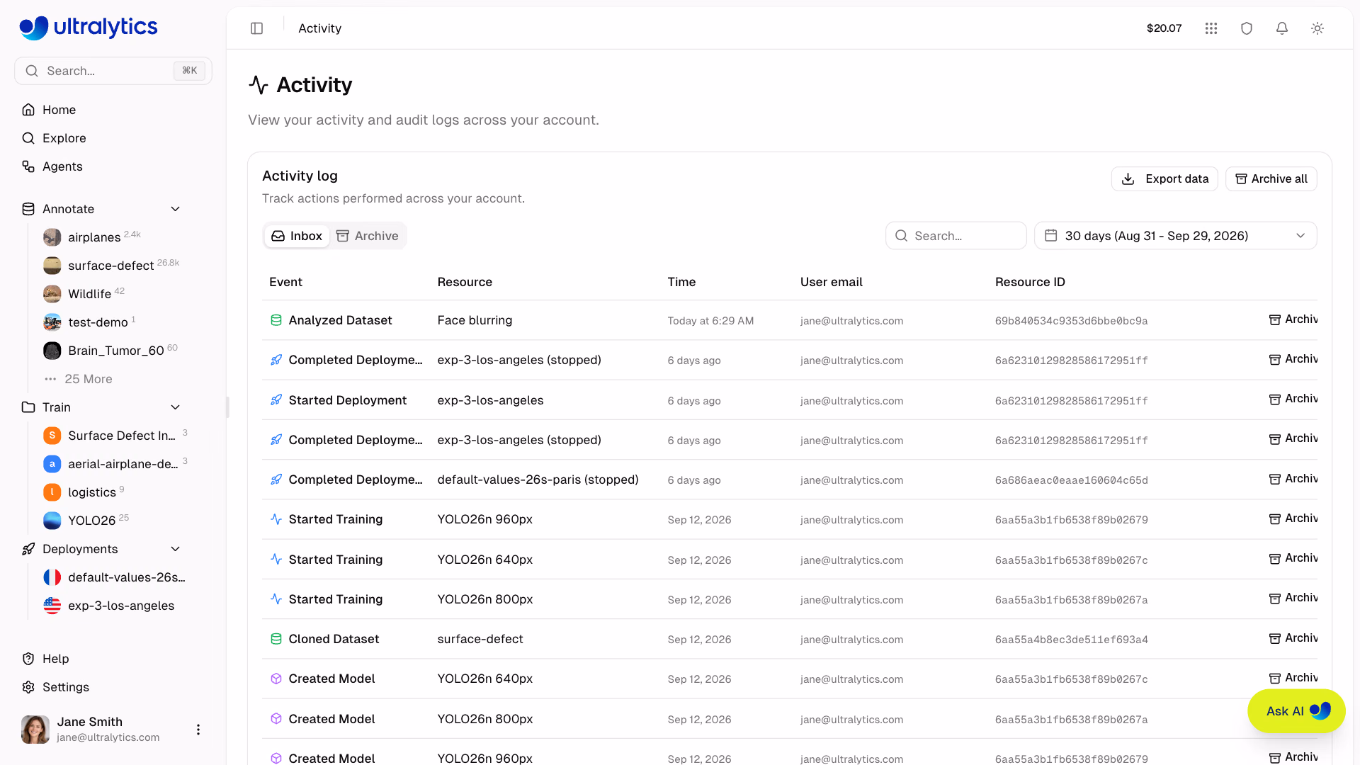 Ultralytics Platform Activity Page Inbox Tab With Event List