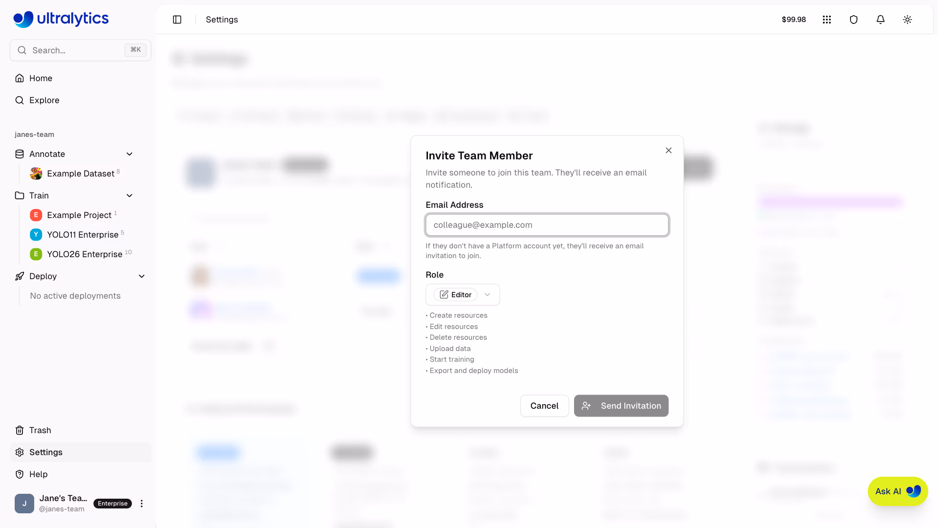 Ultralytics Platform Teams Invite Member Dialog