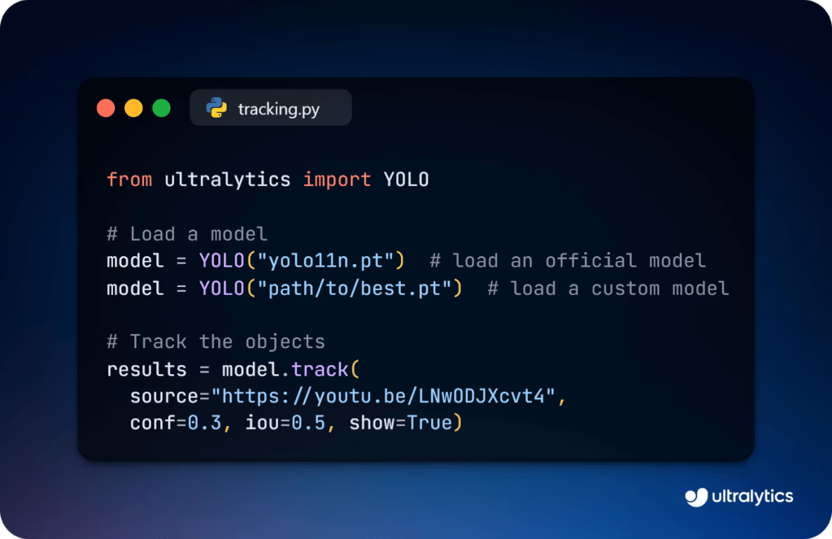 Fragmento de código que muestra el seguimiento de objetos usando el modelo YOLO11