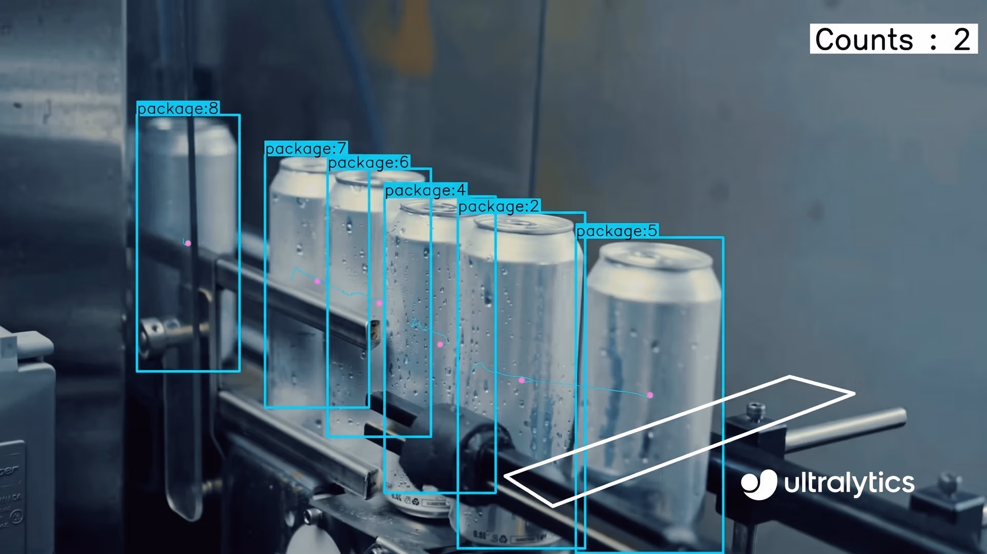 Ultralytics YOLO11 detecting and counting cans on a production line