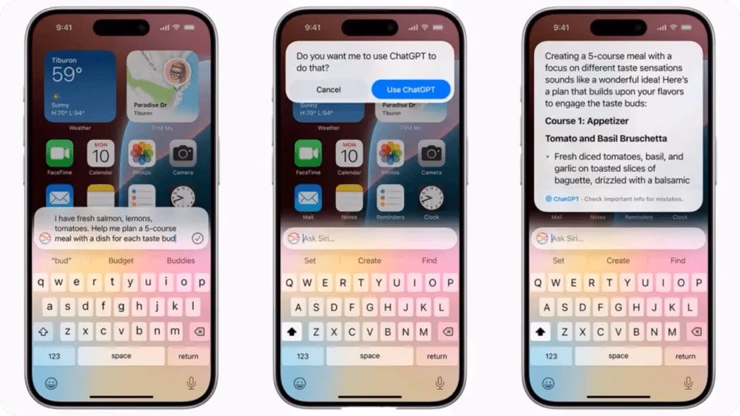 Integrazione di Siri con ChatGPT che pianifica un pasto di 5 portate