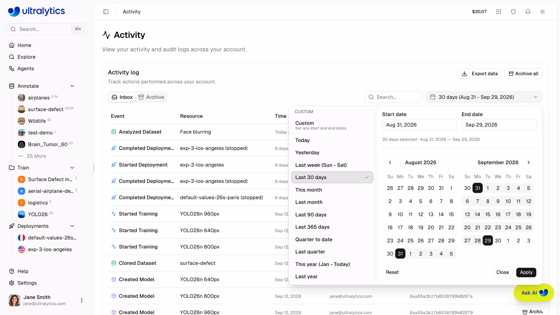 Ultralytics Platform Activity Page Date Range Picker Expanded