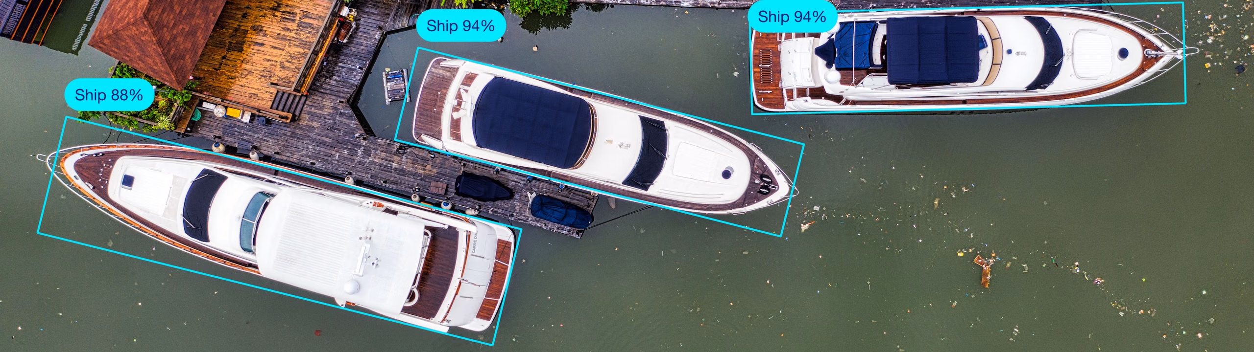 Ultralytics YOLO oriented bounding box detection of boats in aerial imagery