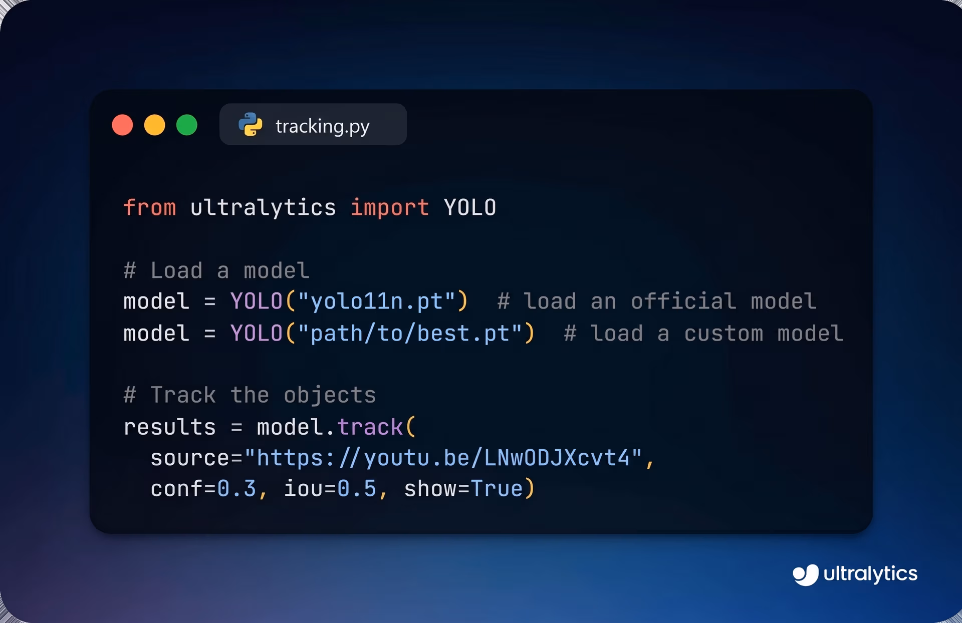 Code snippet showing object tracking using the Ultralytics YOLO11 model