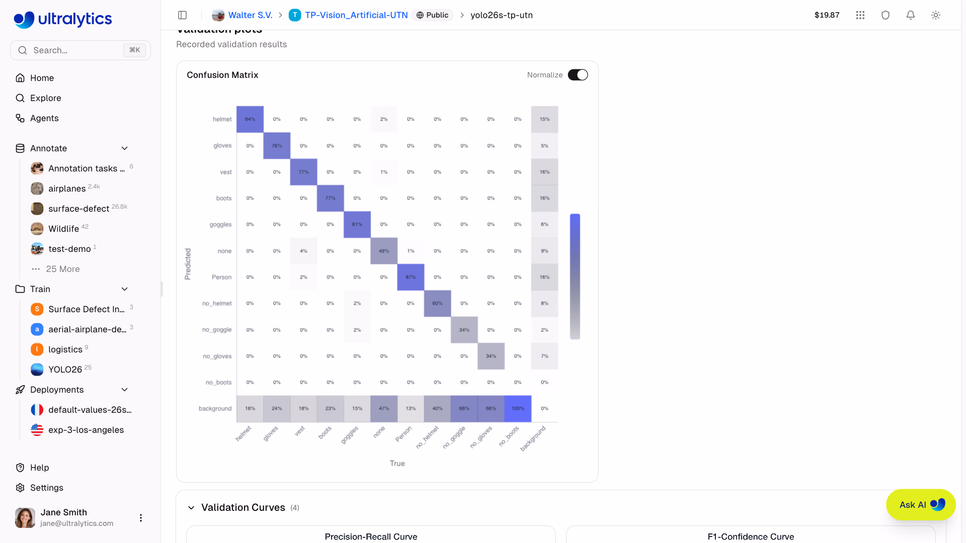 Ultralytics Platform model page showing a normalized confusion matrix, with true classes as columns and predicted classes as rows