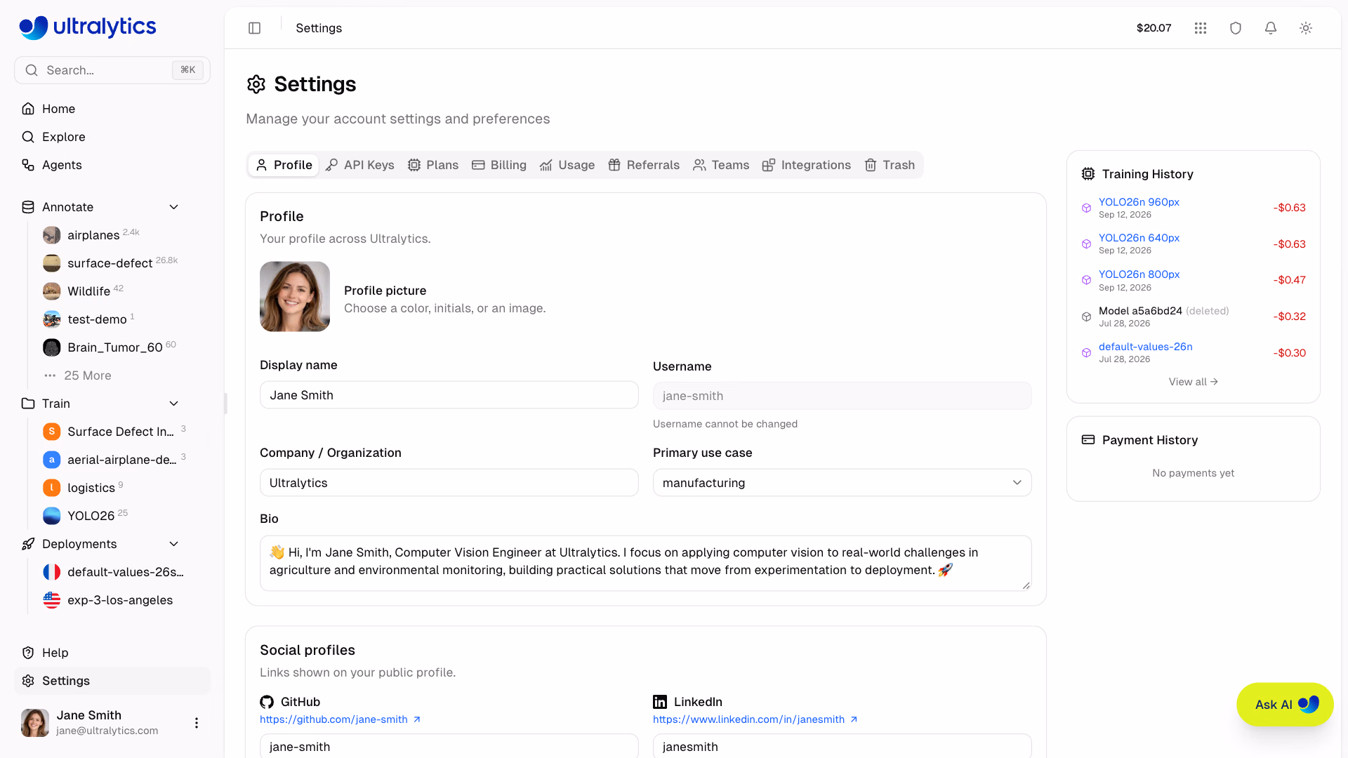 Ultralytics Platform Settings Profile Tab Display Name Bio Company Fields