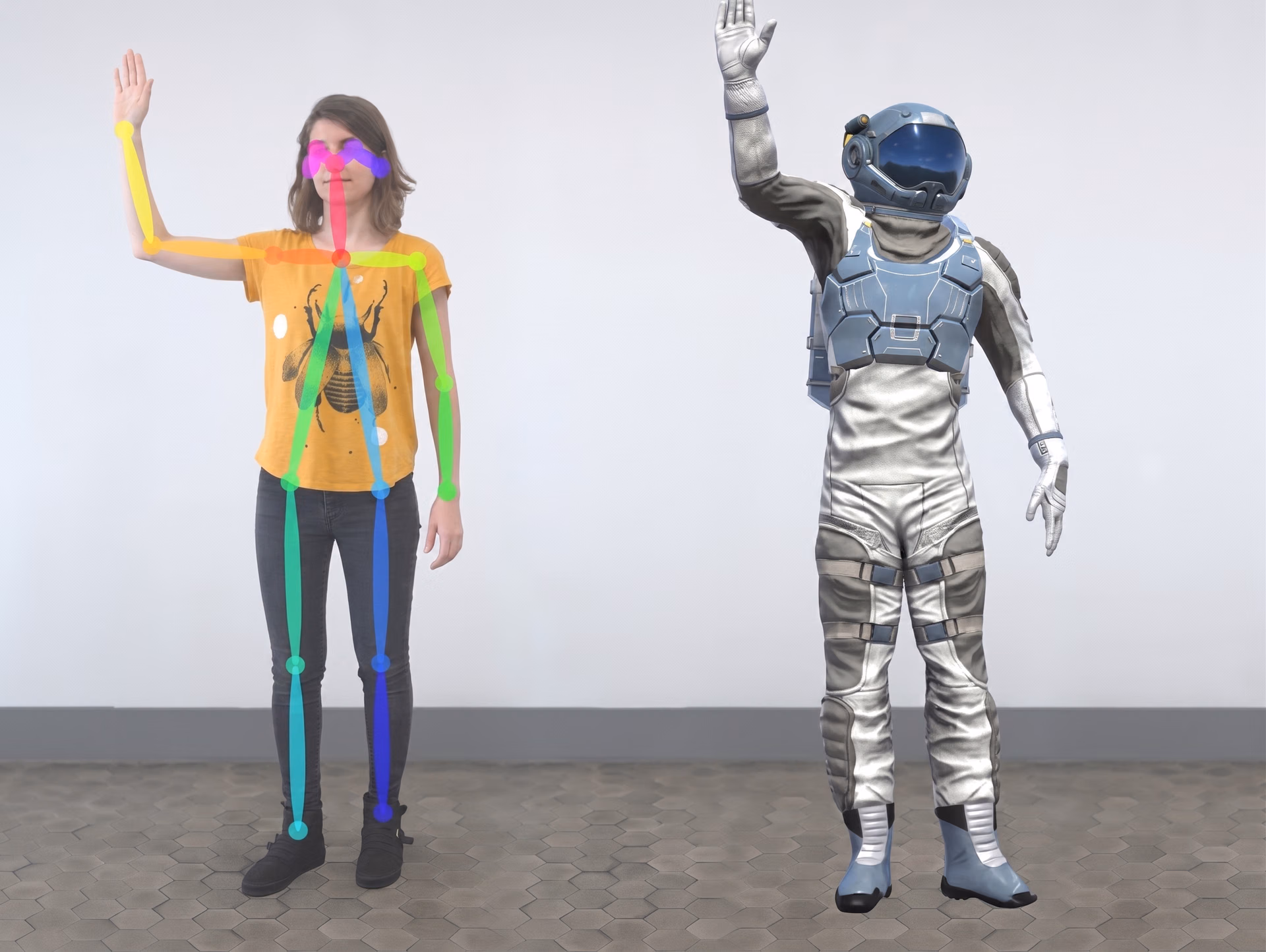 An AR character mimics a person’s pose using pose estimation