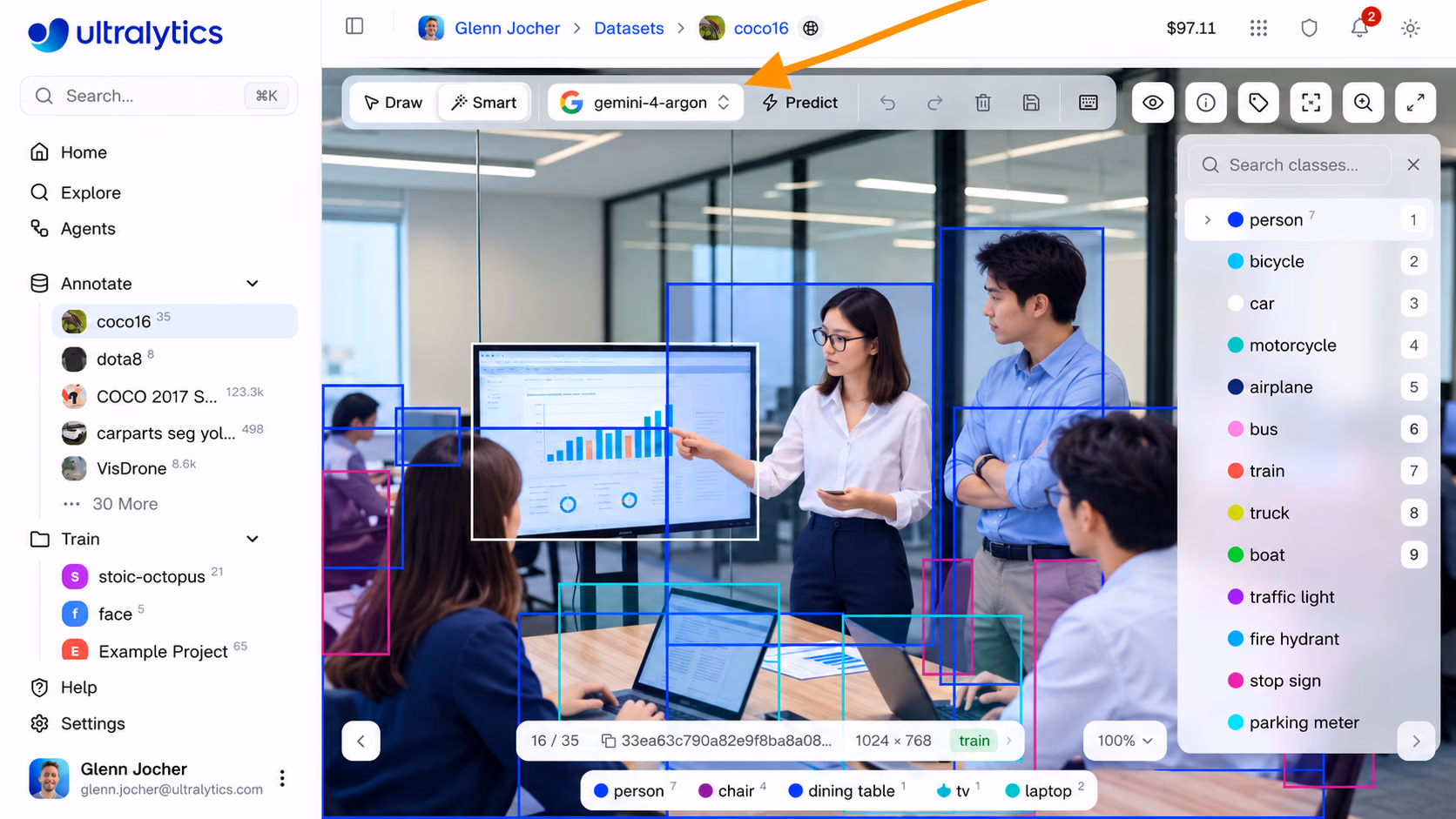 Ultralytics Platform annotation editor in Smart mode with gemini-4-argon selected in the model picker and its predicted boxes on an office scene