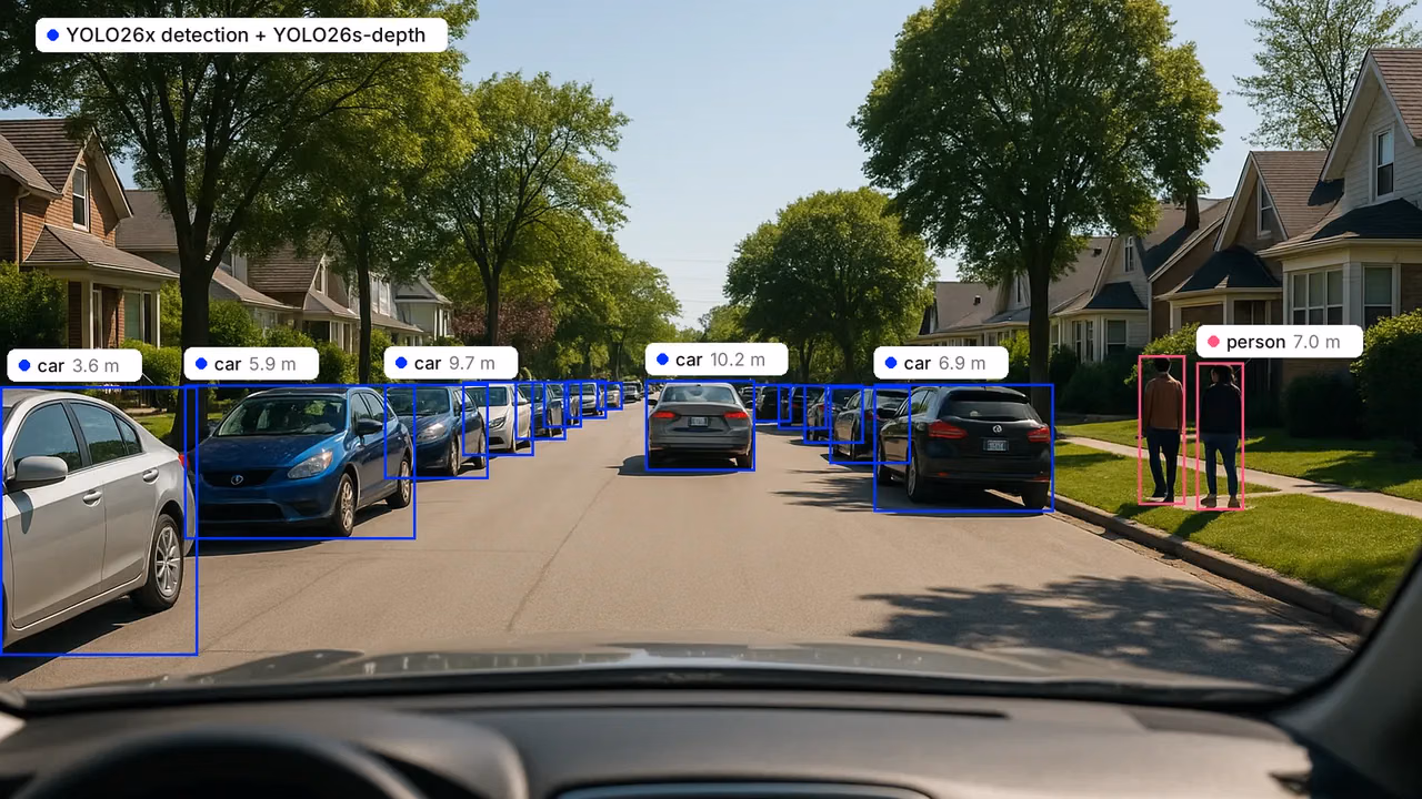 Distances to cars and people on a street from Ultralytics YOLO26 detection and depth