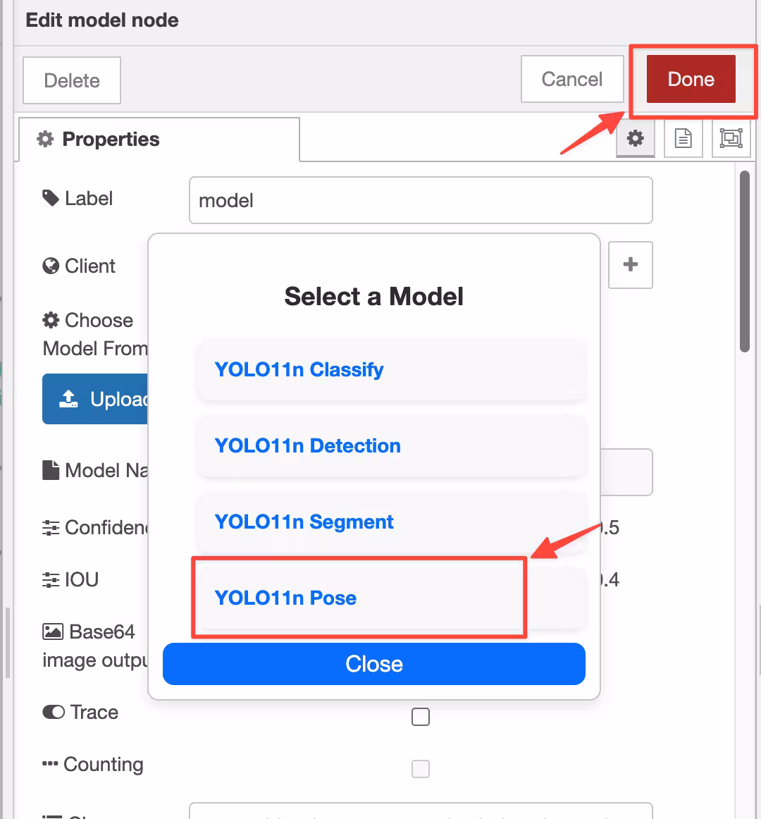 Node-RED YOLO11n-pose select