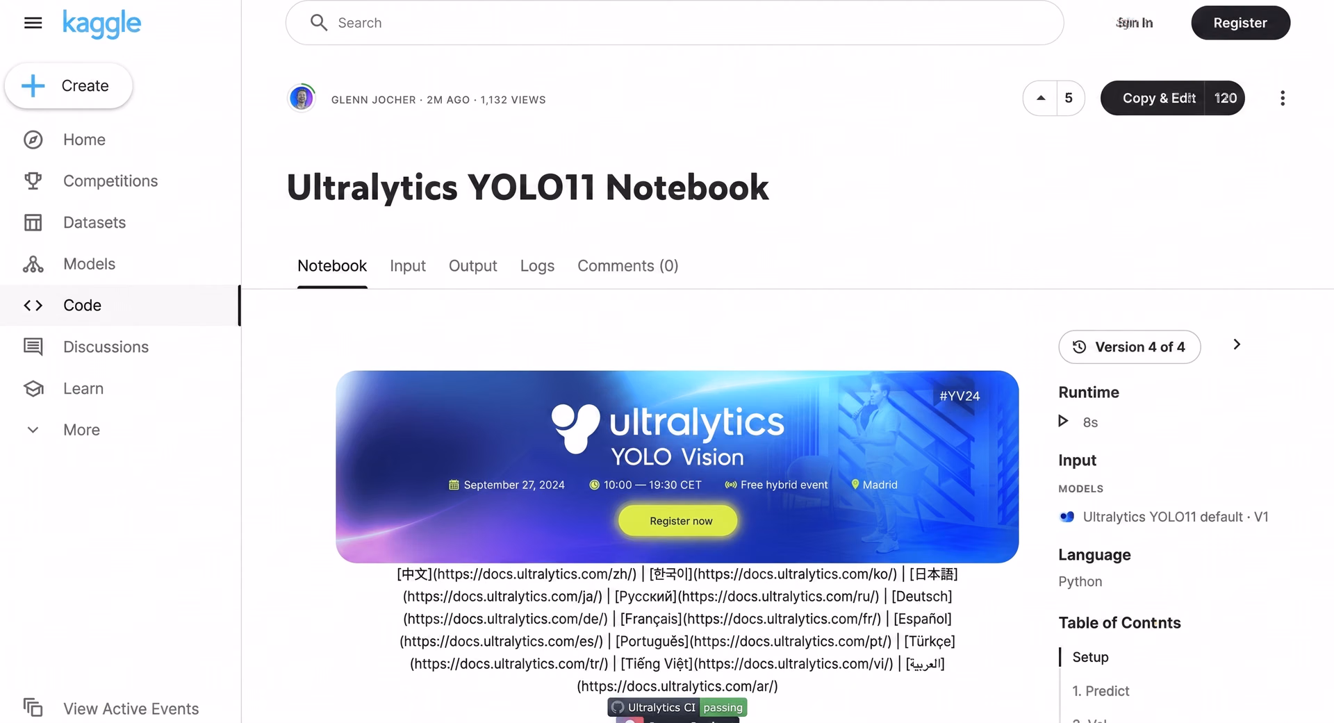 The Kaggle integration's quick-start notebook
