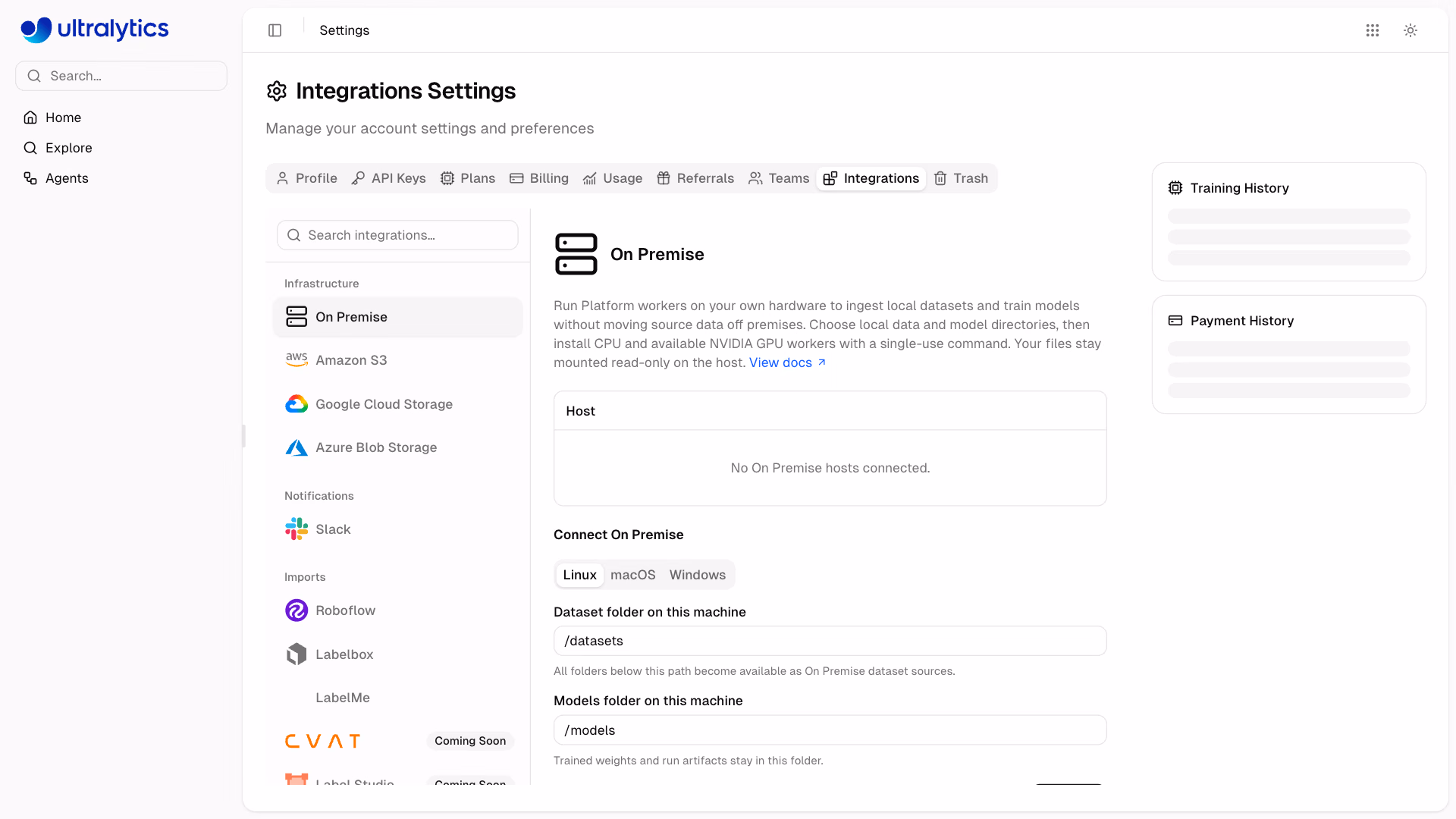 Configuración de la integración On Premise de Ultralytics Platform