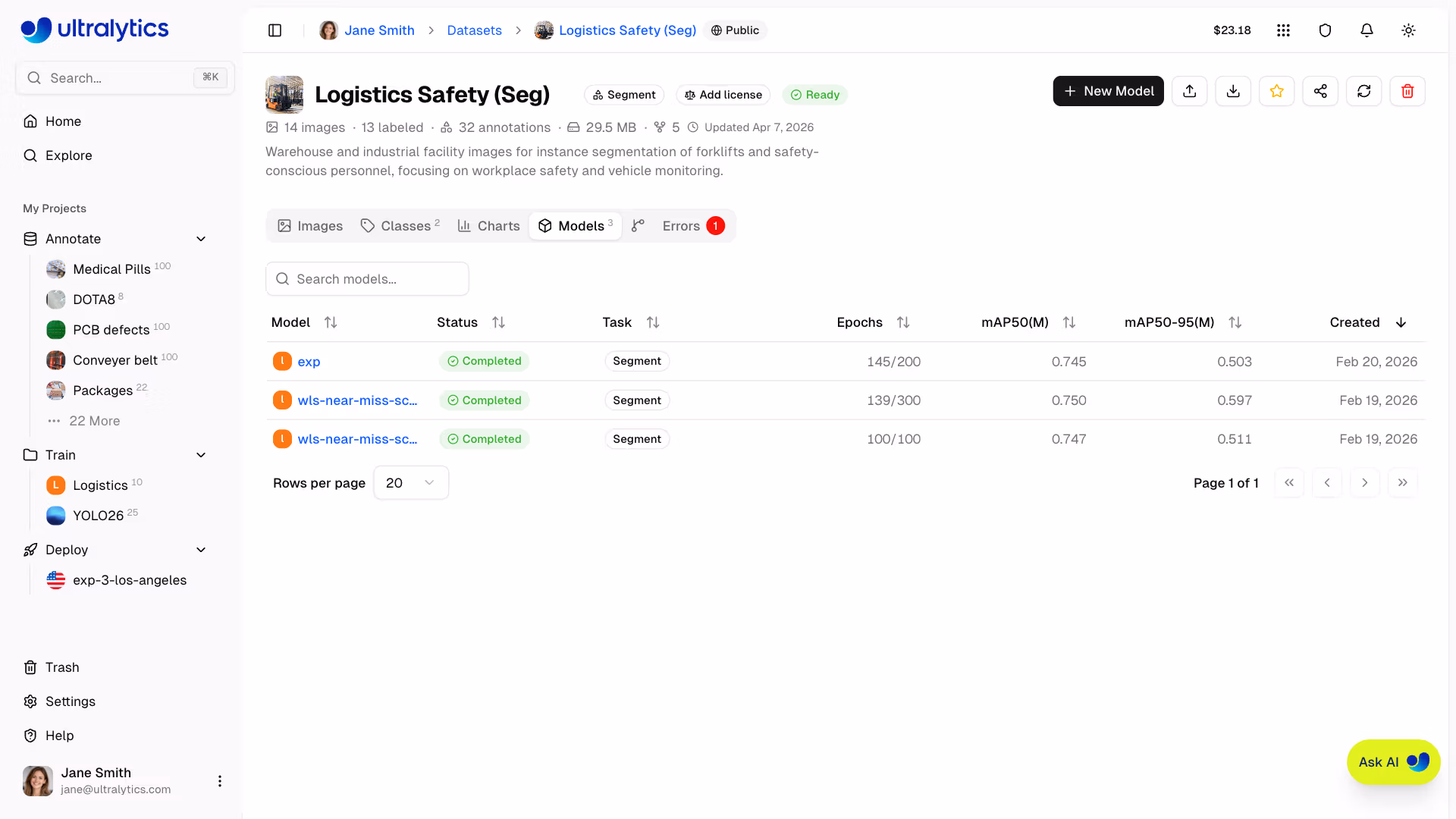 Ultralytics Platform Datasets Models Tab Trained Models Table