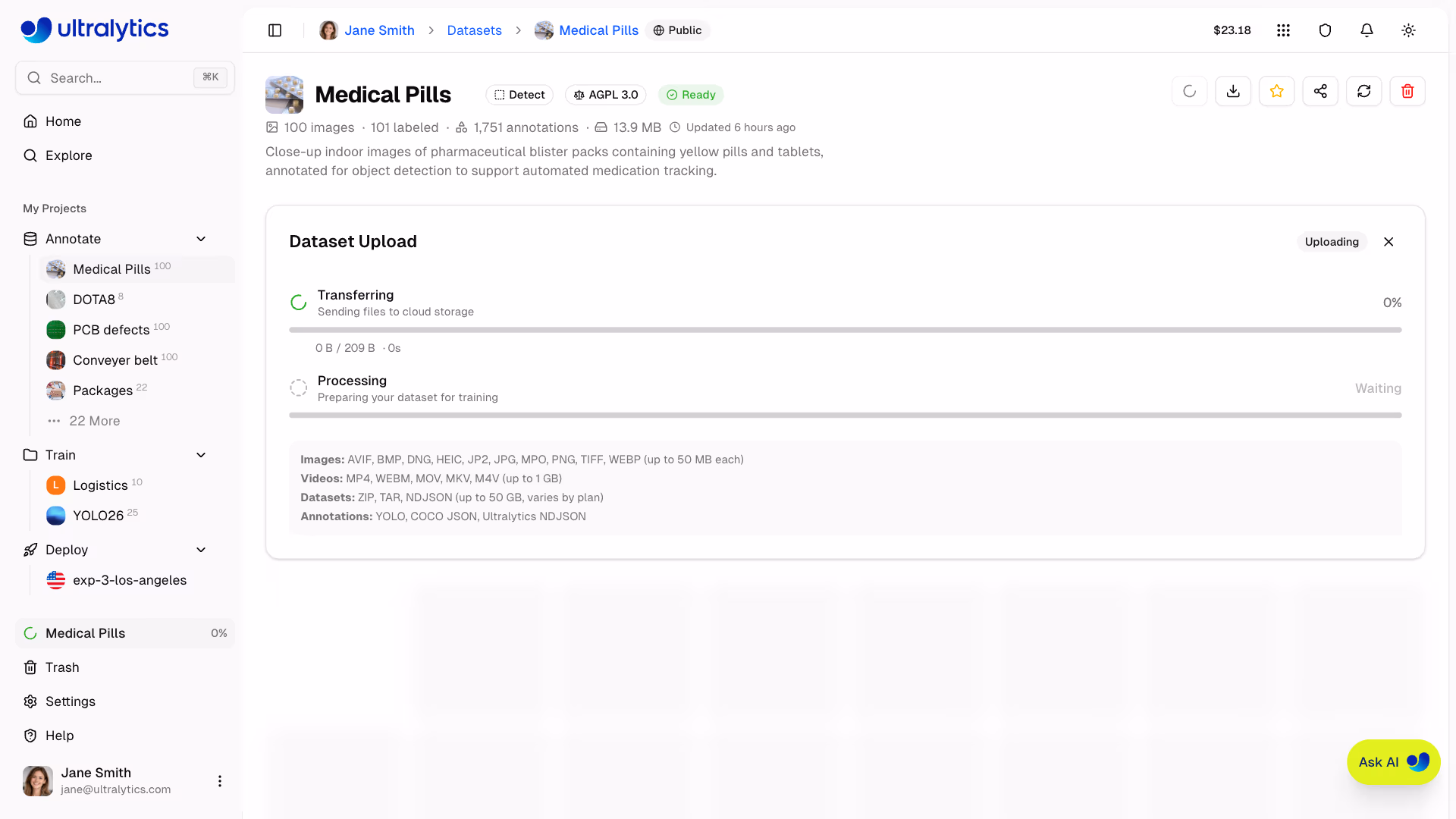 Ultralytics Platform Datasets Upload Progress Bar