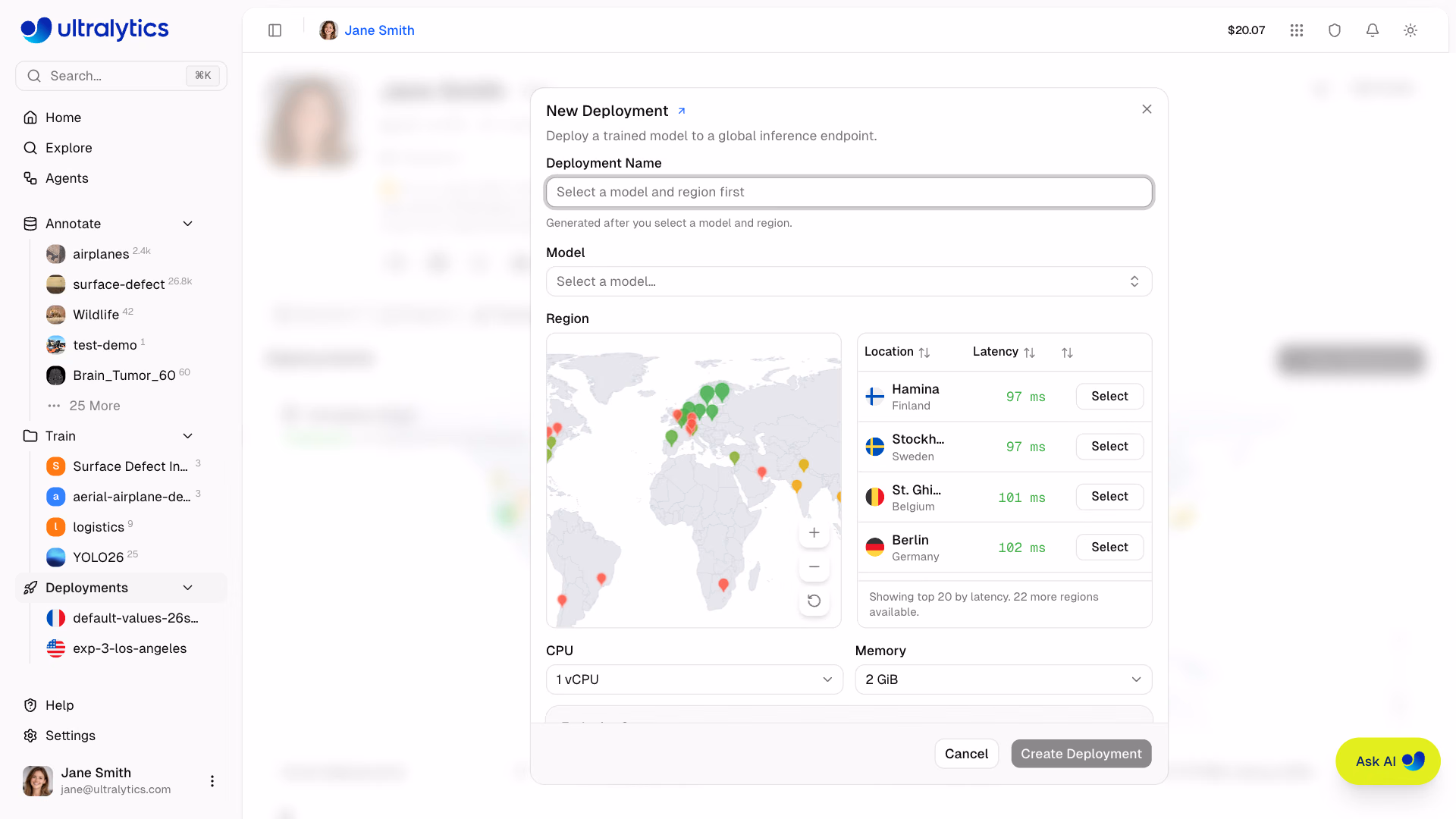 Ultralytics Platform New Deployment Dialog Fixed Resource Defaults