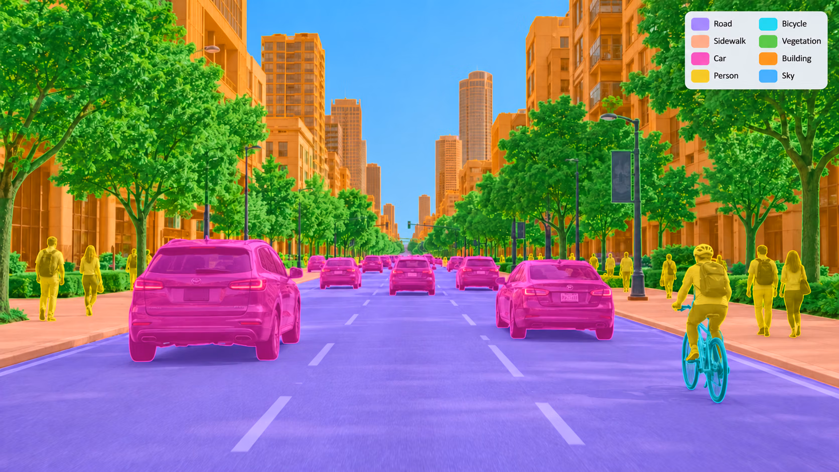 Semantic segmentation of a city street, with every pixel colored by class: road, sidewalk, car, person, bicycle, vegetation, building, and sky