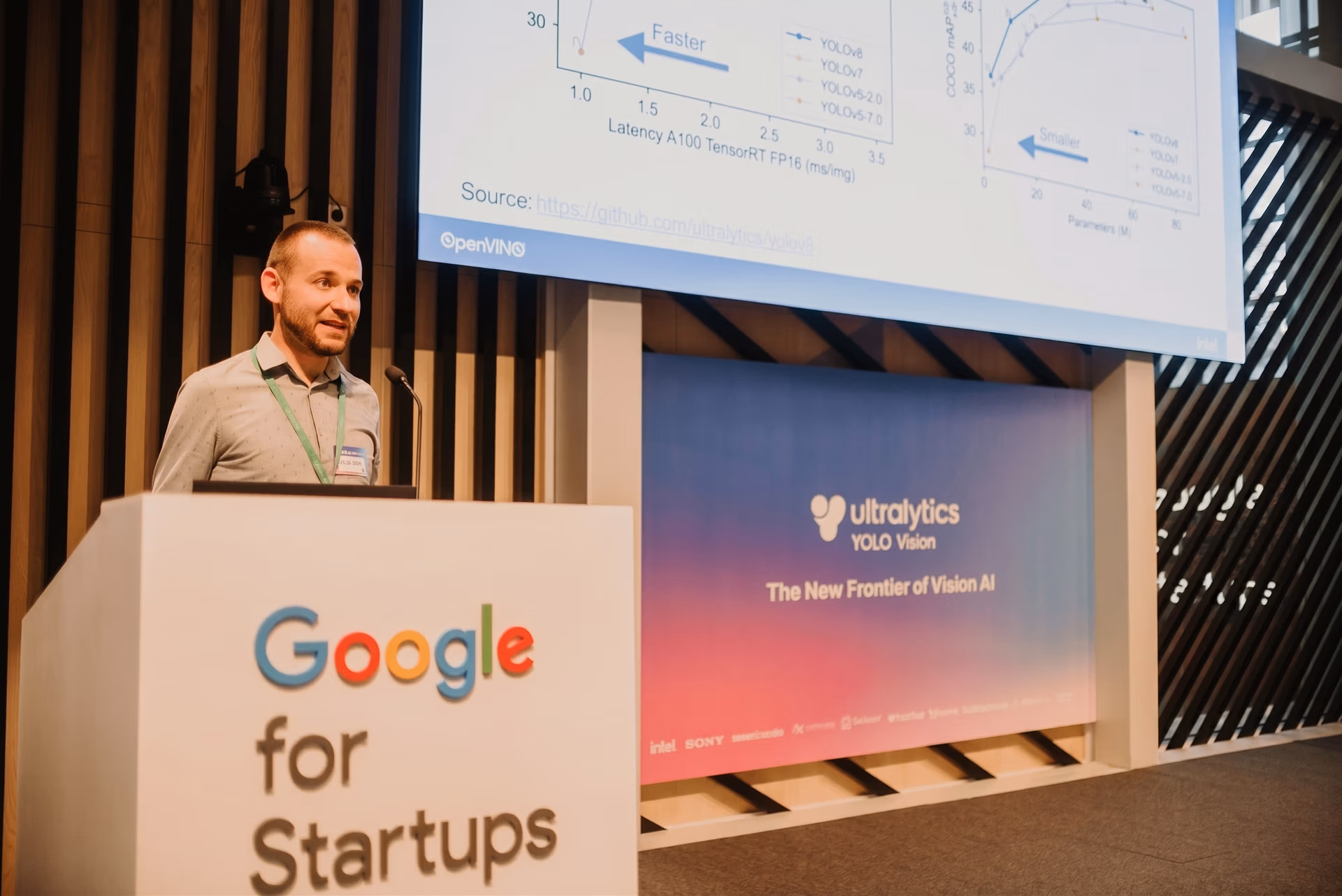 Adrian Boguszewski presenting at YOLO VISION 2023 in Madrid
