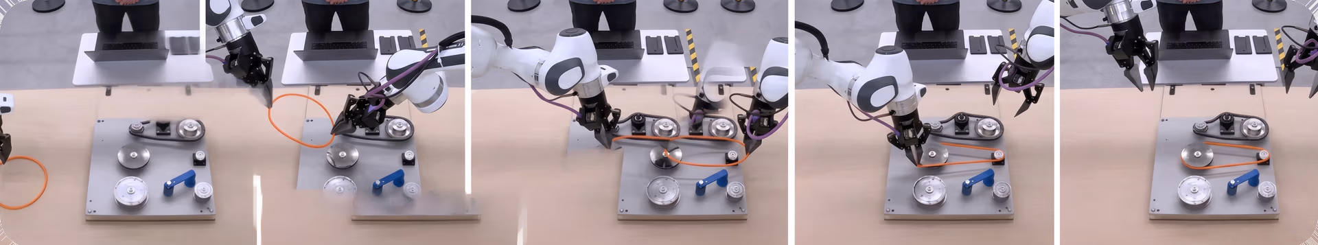 A bi-arm industrial robot fitting a rubber band onto a pulley system
