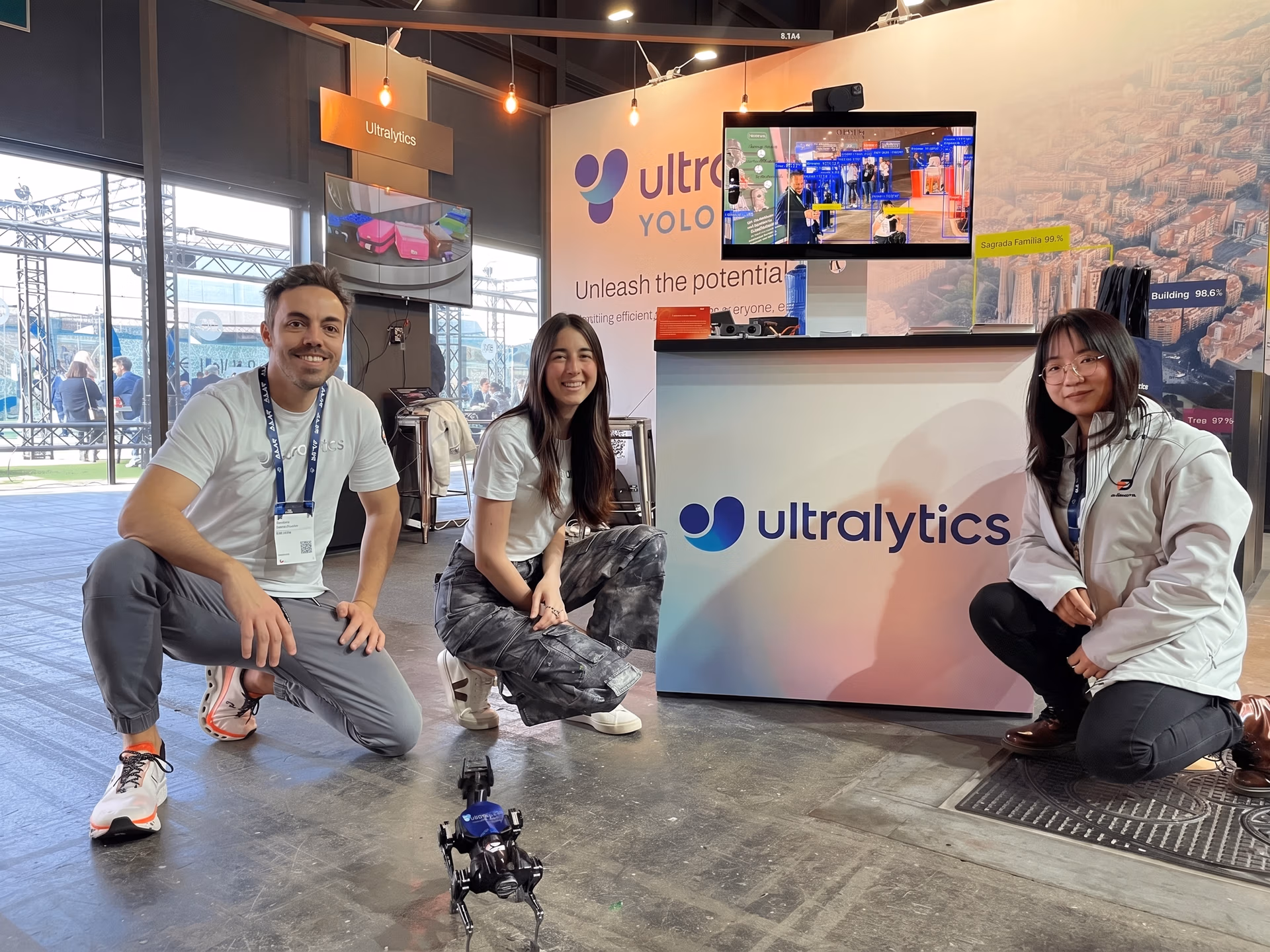Sparky, the robot dog, visiting the Ultralytics booth for a demo