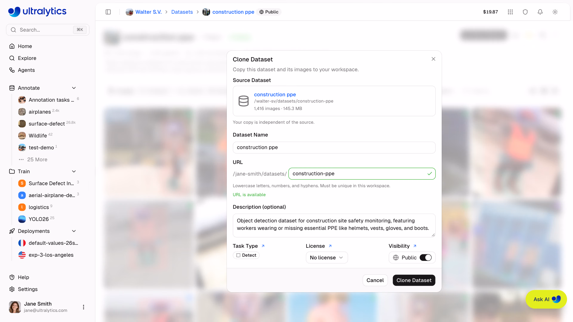 Ultralytics Platform Clone Dataset dialog for a public construction PPE dataset with fields for the new name, URL slug, description, task type, license, and a visibility switch