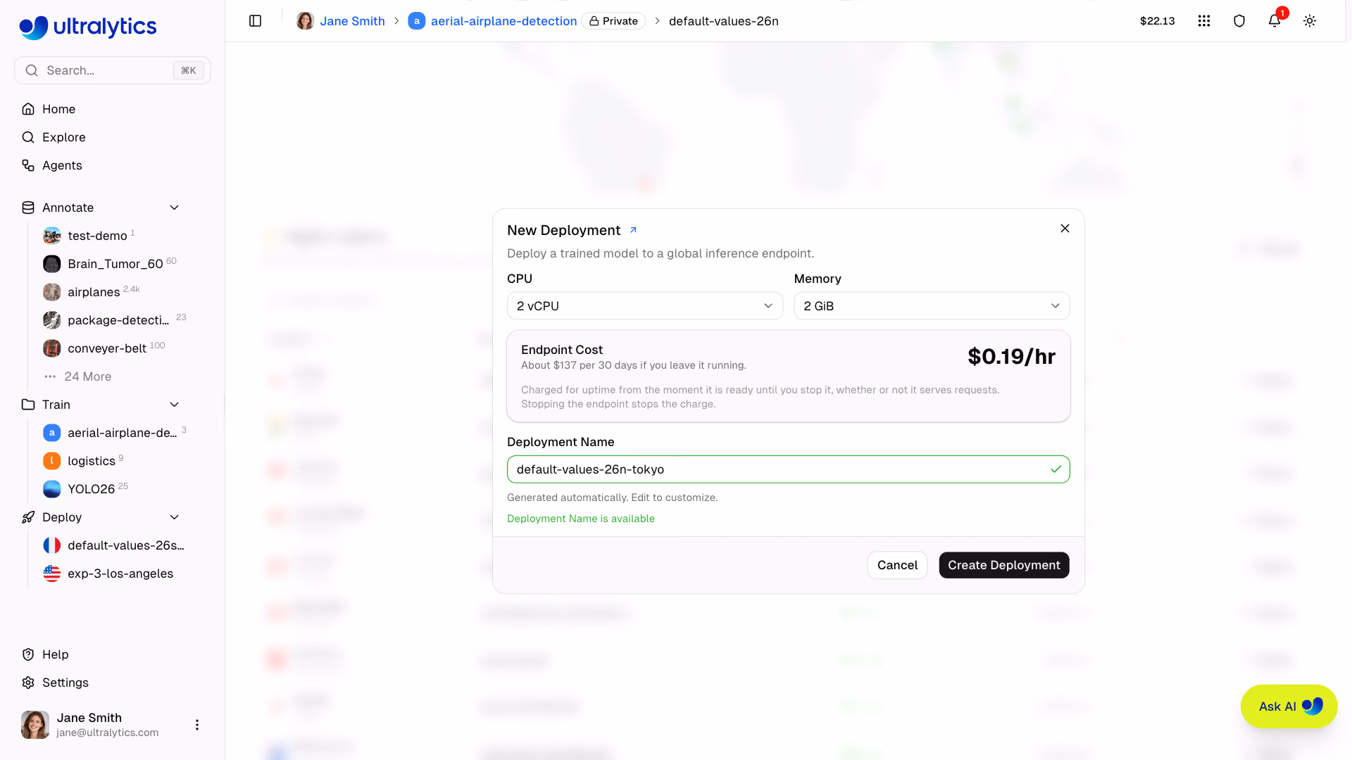 Ultralytics Platform New Deployment dialog with custom CPU and memory controls, hourly uptime pricing, and deployment name